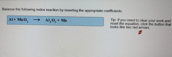 Balance the redox reaction by inserting the appropriate coefficients.